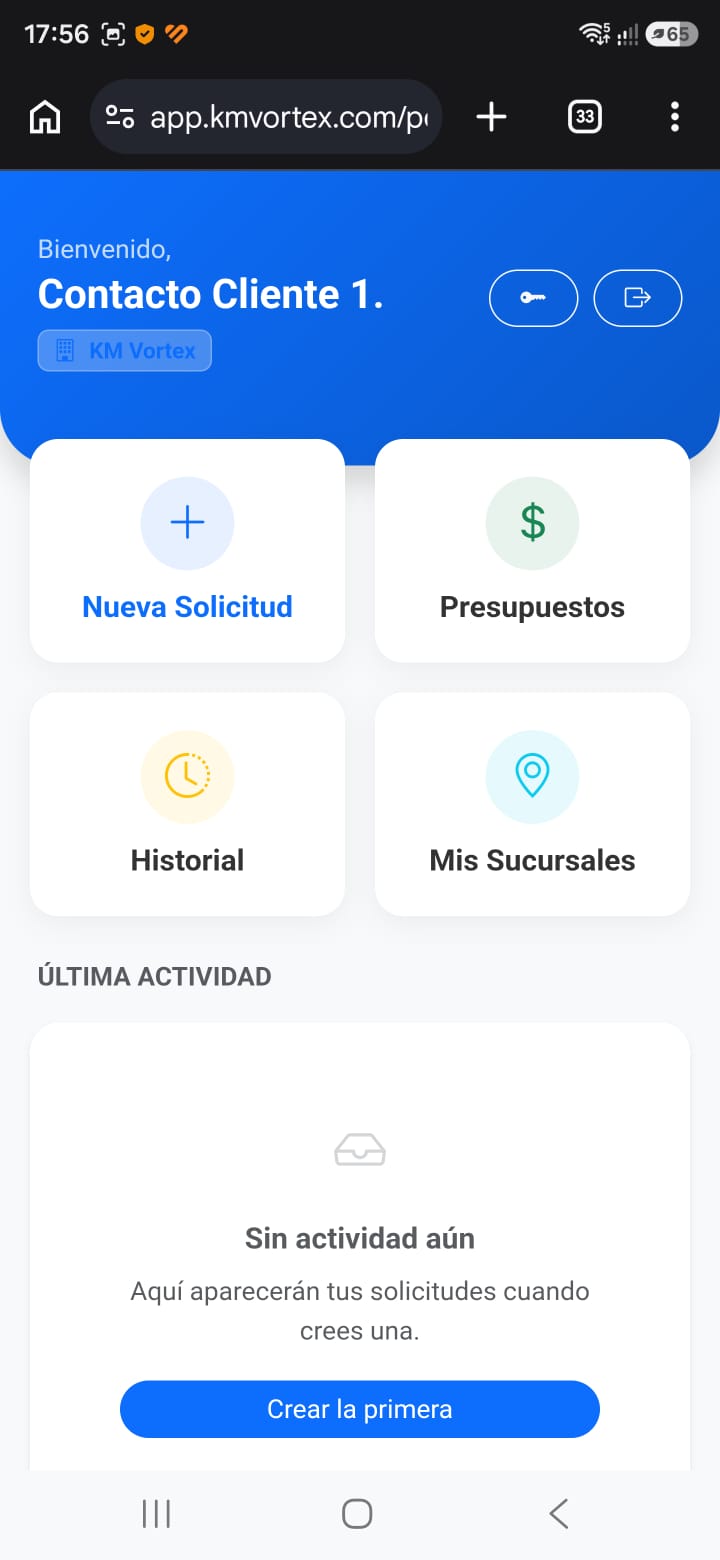 Captura del portal de clientes de KMVortex